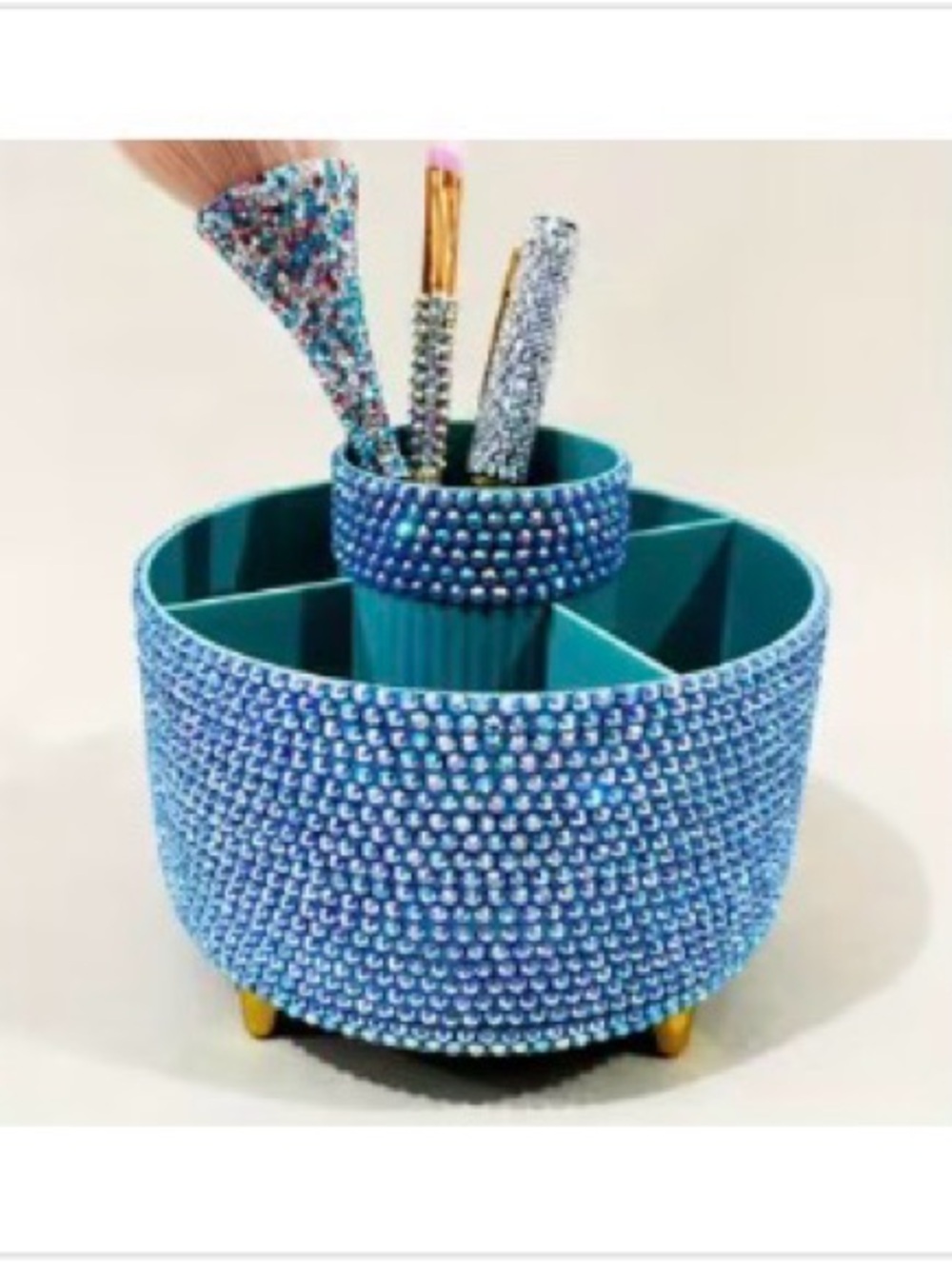 Teal Crystal Bling Makeup /Office Organizer Rotating Caddy